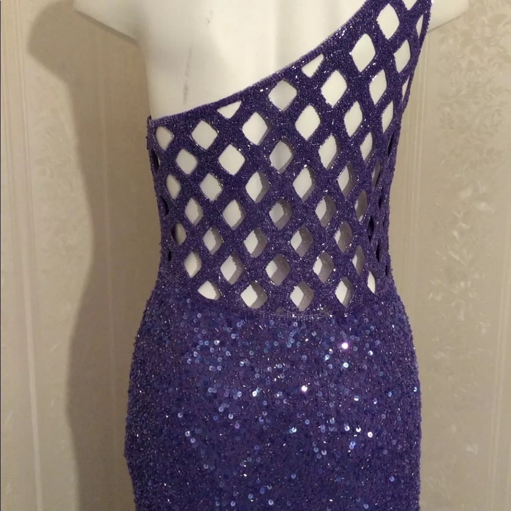 SOLD! One Shoulder Sequin Purple Silk Dress Large - Picture 4 of 8